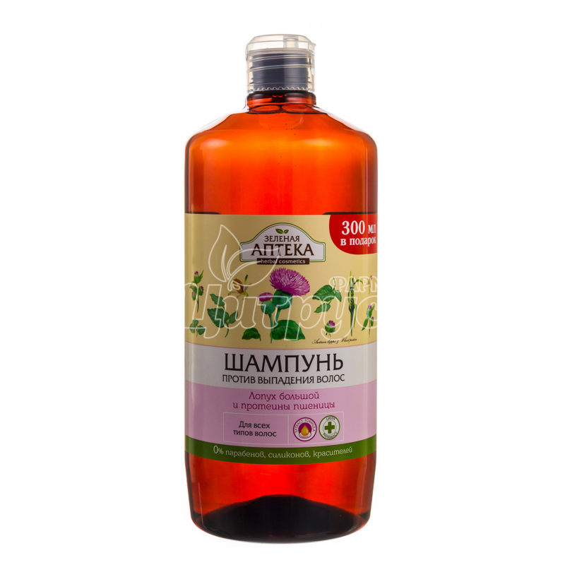 фото 1/Шампунь Зелена Аптека Лопух великий і протеїни пшениці проти випадіння волосся 1000 мол