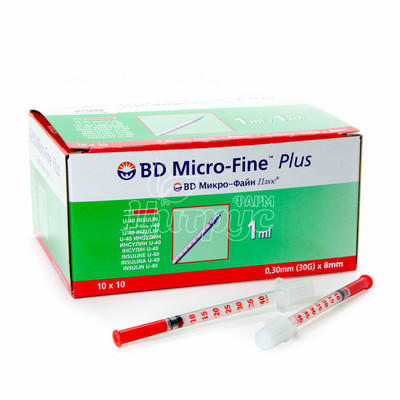 Шприц 1 мл інсуліновий U-40 Бектон Дикенсон (Becton Dickinson) BD Micro-Fine Plus 30G (0,3 х 8 мм)
