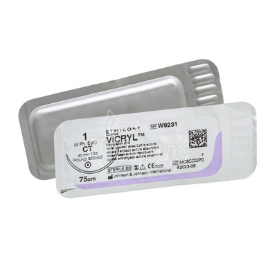 Шовний матеріал Вікрил (Vicril) 1/0 колюча голка 40 мм 1/2 кола фіолетовий довжина нитки 75 см (W9231)