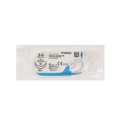 Шовний матеріал Пролен (Prolene) 3/0 колюча голка 26 мм 1/2 кола синій довжина нитки 90 см 2 штуки (W8522)