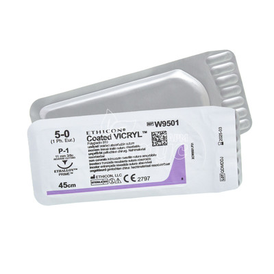 Шовний матеріал Вікрил (Vicril) 5/0 М1 колюча голка 17 мм 1/2 кола фіолетовий довжина нитки 75 см 1 штука (W9105)