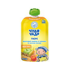 Пюре дитяче Чудо-Чадо фруктовий салатик груша яблуко персик зі злаками і смаком печива з 6 місяців дой-пак 90 г