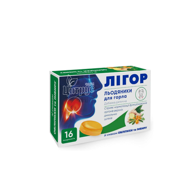 Лігор льодяники для горла зі смаком обліпихи та імбиру 16 штук