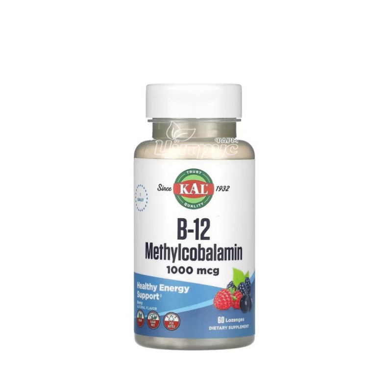 фото 1/Вітаміни КЕЛ (KAL) Вітамін В-12 (Метилкобаламін) 1000 мкг 60 штук (B-12 Methylcobolamin) таблетки для розсмоктування 
