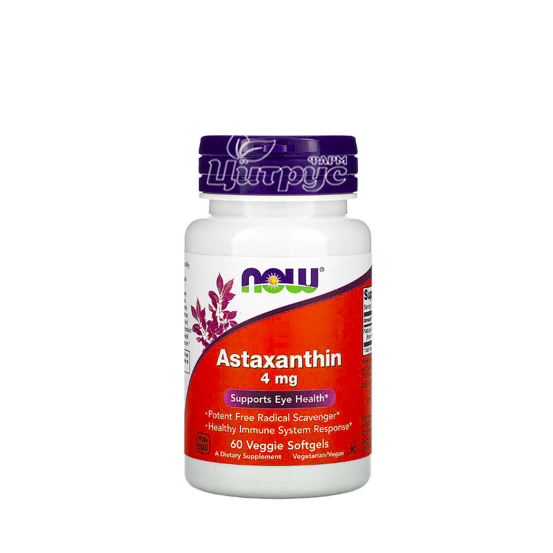 фото 1/Астаксантин 4 мг 60 штук Нау Фудс (Astaxanthin Now Foods) Підтримка здорового зору капсули вегетеріанські 
