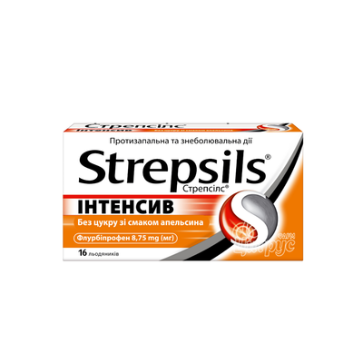 Стрепсілс Інтенсив без цукру зі смаком апельсину льодяники 8,75 мг 16 штук