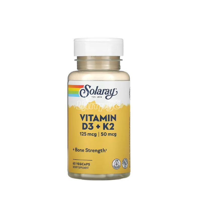фото 1/Соларей (Solaray) Вітамін Д3+К2 5000 MО/50 мкг 60 штук (Vitamin D3+K2) веганські капсули